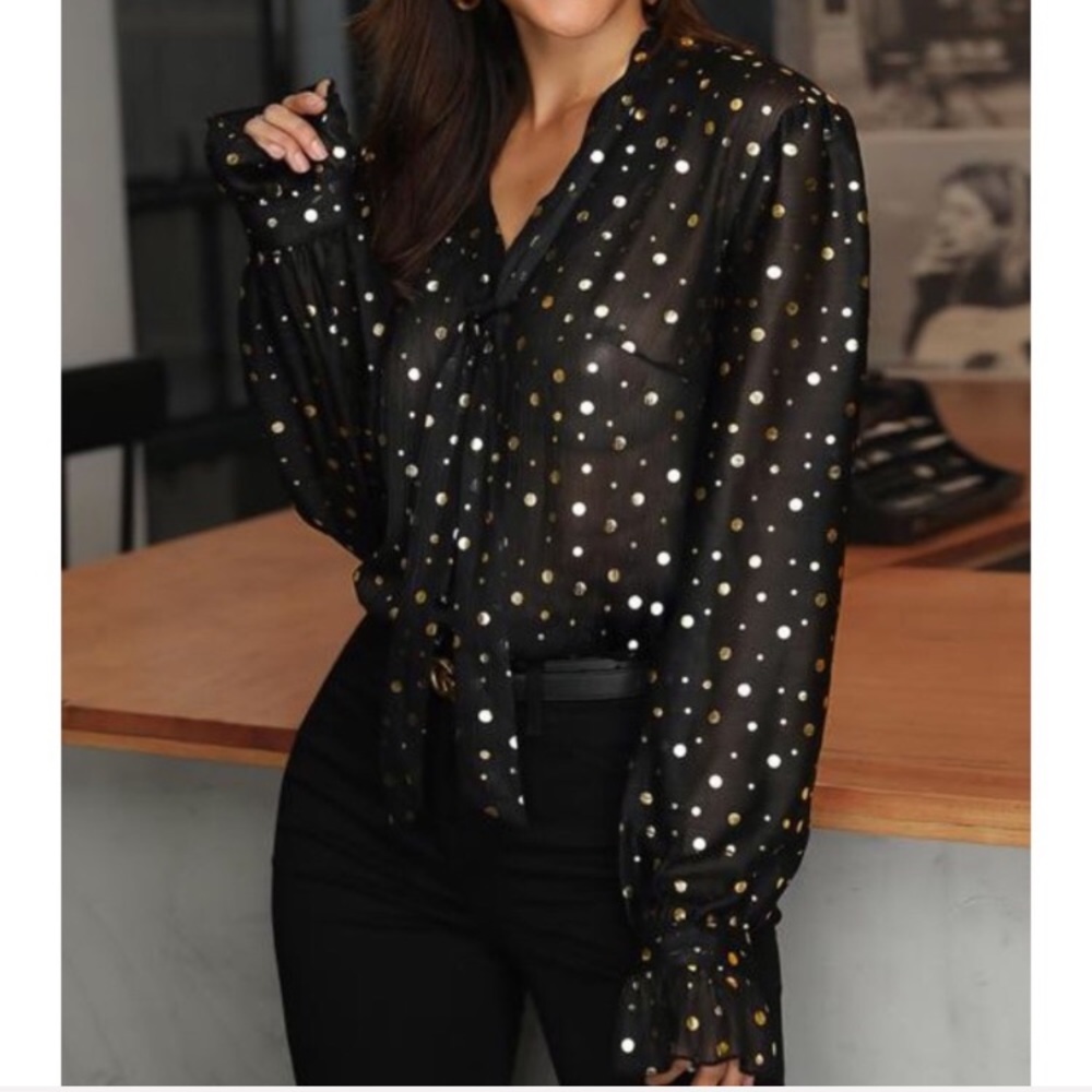 Black blouse with gold polka dots